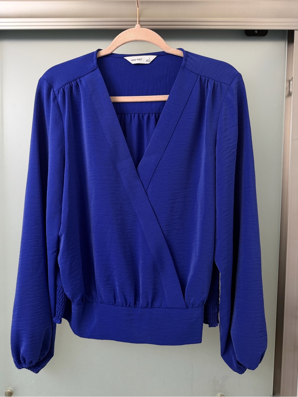Nine West Cobalt Blue Faux-Wrap Long Sleeve Blouse